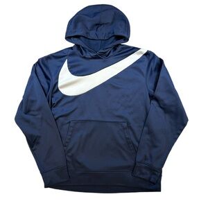 Nike Navy Blue Hoodie with Large White Swoosh-Men’s Medium